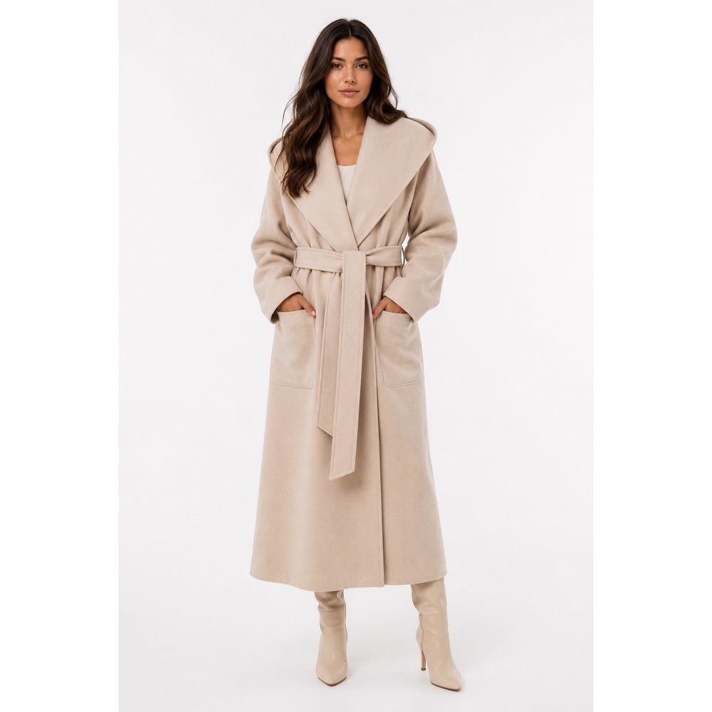 LIT Active Womens 100% Wool Wrap Coat Beige Oatmeal Belted Shawl Collar Small